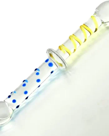 10” Dual-Ended Glass Dildo with Yellow Swirl & Blue Dots