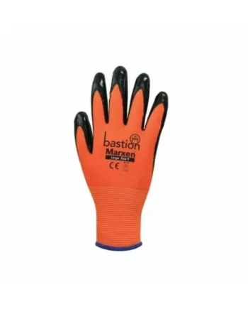 12 Pairs Marxen 13G High Viz Orange Polyester Gloves Black Nitrile Coating Large