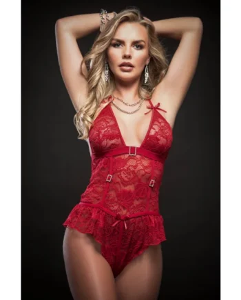 1 Pc Lace Flared Teddy With Snap Crotch - One Size - Red
