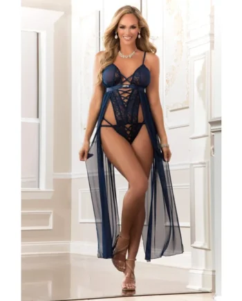 1 Pc Long Dress Strappy Teddy - One Size - Blue Opal