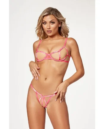 2 Pc Bra and Open Cheek Panty Set - One Size - Hot Pink