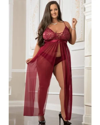 2 Pc Empire Waist Laced Sheer Long DresQs and Panty - Mulled Wine