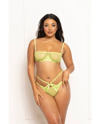 2 Pc Fishnet and Strappy Elastic Bra and Thong Set - One Size - Lime