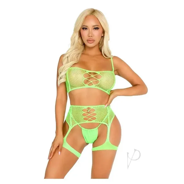 2 Pc Fishnet Bra Top And Garter Harness OS Green