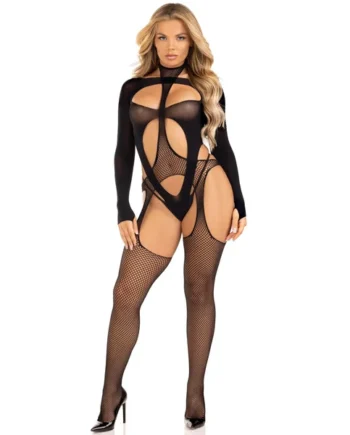 2 Pc Fishnet Halter Suspender Bodystocking and Layered Teddy - One Size - Black