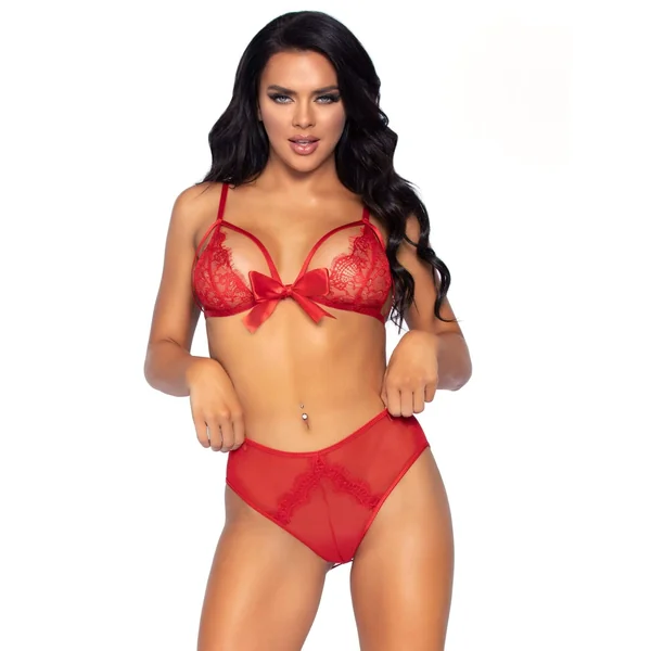 2 Pc. Lace Bralette and Ribbon Tie Crotchless Panty - One Size - Red