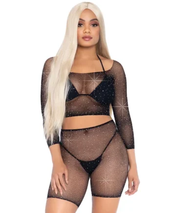2 Pc Rhinestone Fishnet Crop Top and Biker Shorts - Black - One Size