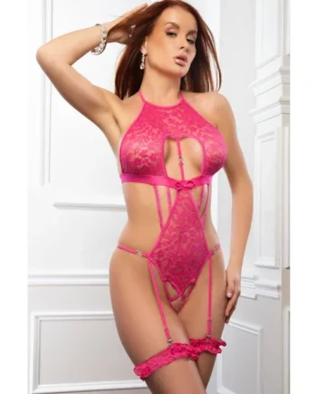 2pc Open Crotch Halter Lace Cutout Teddy and Garters Sunkist Coral O/s