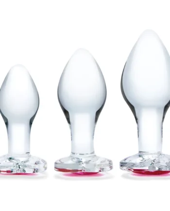 3 Pc Heart Jewel Glass Anal Training Kit - Clear/pink
