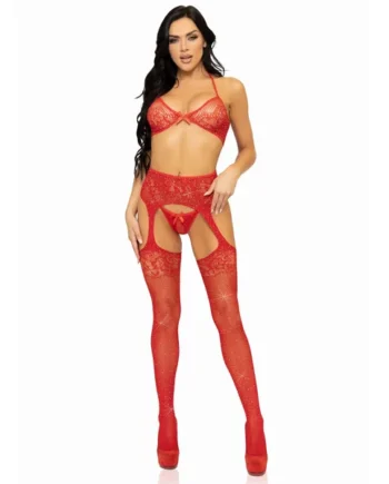 3 Pc Rhinestone Bra Top, G-String, and Garter Belt Stockings - One Size - Red