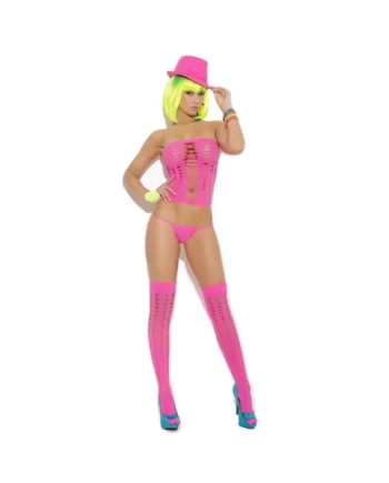 3 Piece Pot Hole Bandeau Top Set - One Size - Neon Pink