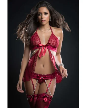 3pc Cut Out Flyaway Babydoll Adorned Pearl Chains and Garter Panty - One Size - Red Berry