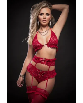3pc Love Affair Laced Garter Lingerie Set and Stockings - One Size - Red