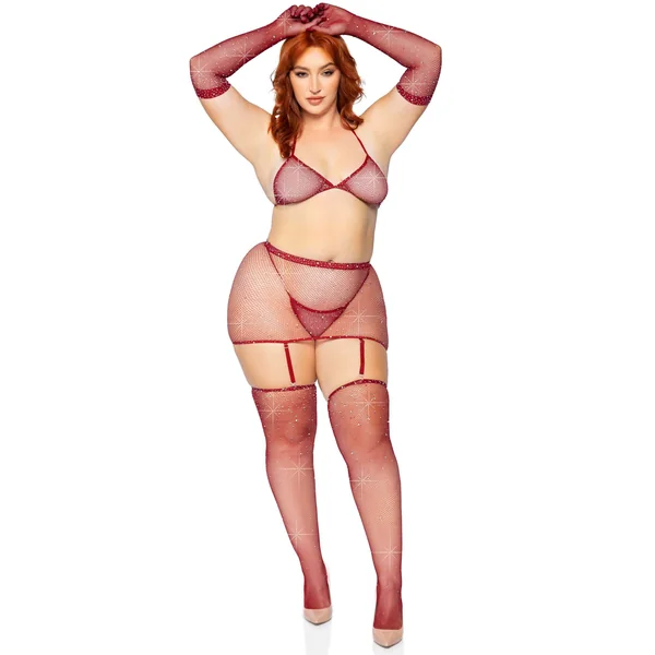 5 Pc Rhinestone Bikini Top G-String Garter Skirt, Gloves and Stockings - Queen Size - Burgundy