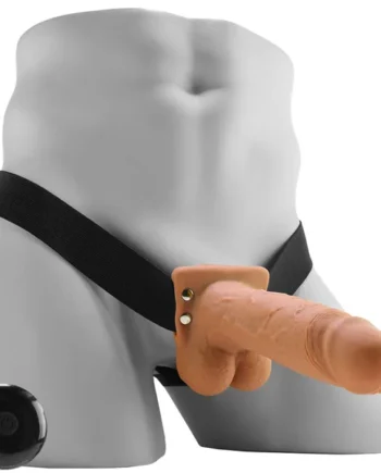 7 Inch Hollow Vibrating Strap-On with Remote in Tan