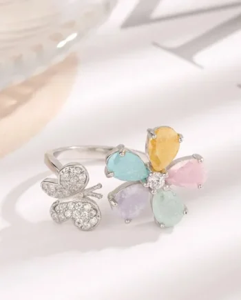 925 Sterling Silver Inlaid Zircon Flower & Butterfly Ring