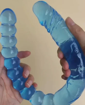 A Blue Transparent, Soft, and Elastic Dual-purpose Female Masturbator with U-shaped Double Dildo Soft Jelly for Same-sex Sex Toy