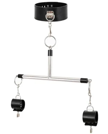 Adjustable PU Leather Collar & Locking Handcuff Spreader Bar Set - Adult Novelty Restraint(black)