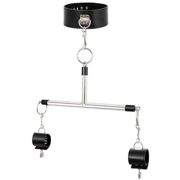 Adjustable PU Leather Collar & Locking Handcuff Spreader Bar Set - Adult Novelty Restraint(black)