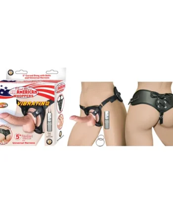 ALL AMERICAN WHOPPERS 5 VIBRATING CURVED DONG W/BALLS FLESH & UNIVERSAL HARNESS”