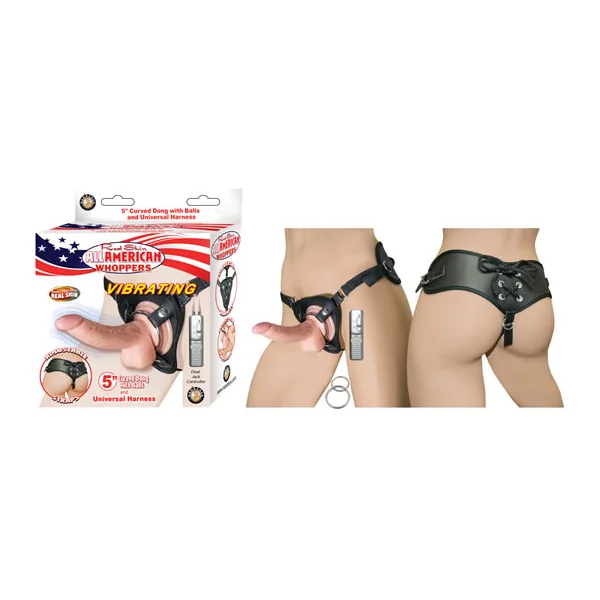 ALL AMERICAN WHOPPERS 5 VIBRATING CURVED DONG W/BALLS FLESH & UNIVERSAL HARNESS”