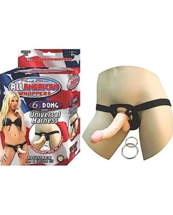 All American Whoppers 6.5-Inch- Dong With Universa Harness- Flesh