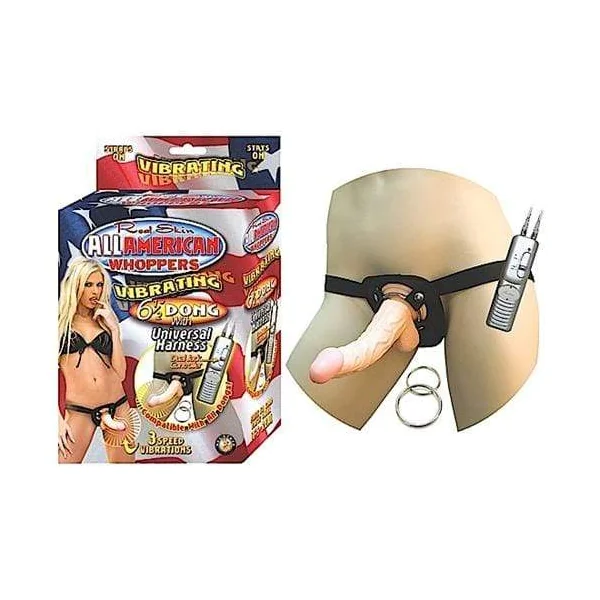 All American Whoppersvibrating 6.5-Inch Dong With Universasl Harness - Flesh