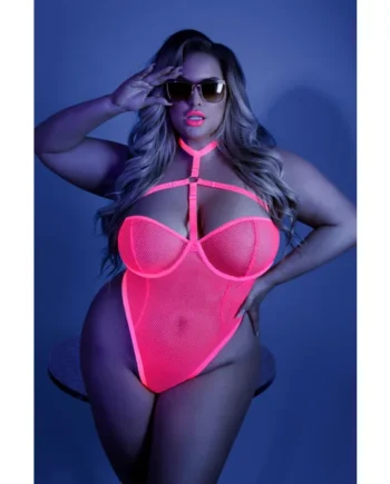 All Nighter Harness Bodysuit - Queen - Neon Pink