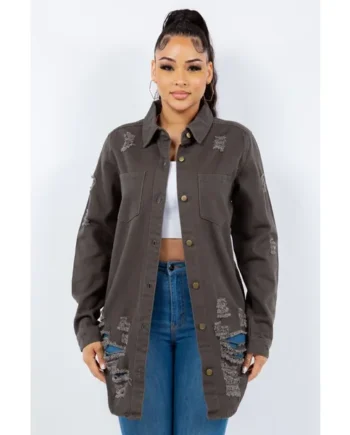 American Bazi Distressed Button Up Long Sleeve Denim Jacket