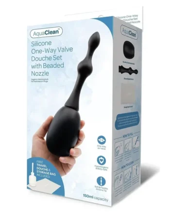 AquaClean Silicone 1-Way Valve Douche Set with Beaded Nozzle – 150 ml Capacity with Free Travel