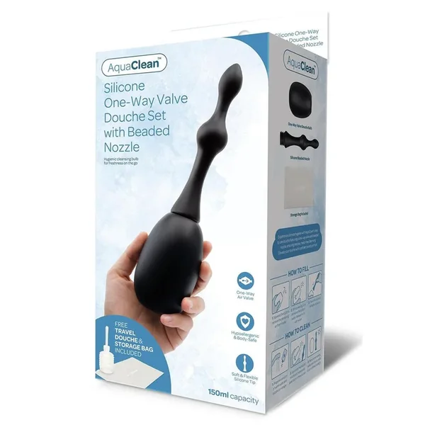 AquaClean Silicone 1-Way Valve Douche Set with Beaded Nozzle – 150 ml Capacity with Free Travel