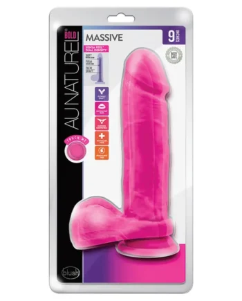 Au Naturel Bold Massive Realistic Pink 9-Inch Long Dildo With Balls & Suction Cup Base