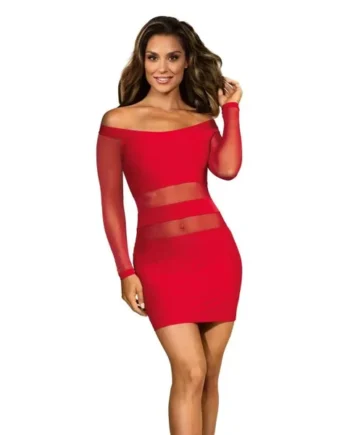 Axami Lingerie Off The Shoulder Mesh Panel Dress, Red/Black, S/M