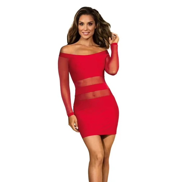 Axami Lingerie Off The Shoulder Mesh Panel Dress, Red/Black, S/M