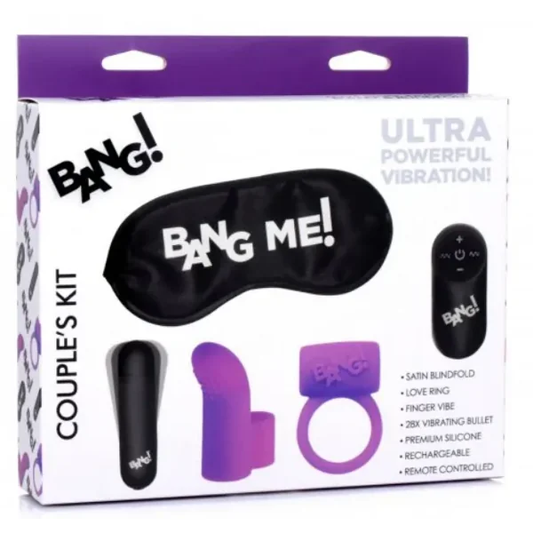 BANG! Couple’s Kit with RC Bullet, Blindfold, Cock Ring & Finger Vibe – Purple