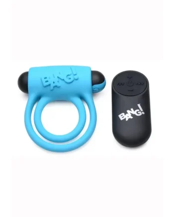 Bang! Silicone Rechargeable Cock Ring and Bullet with Remote Control – Blue