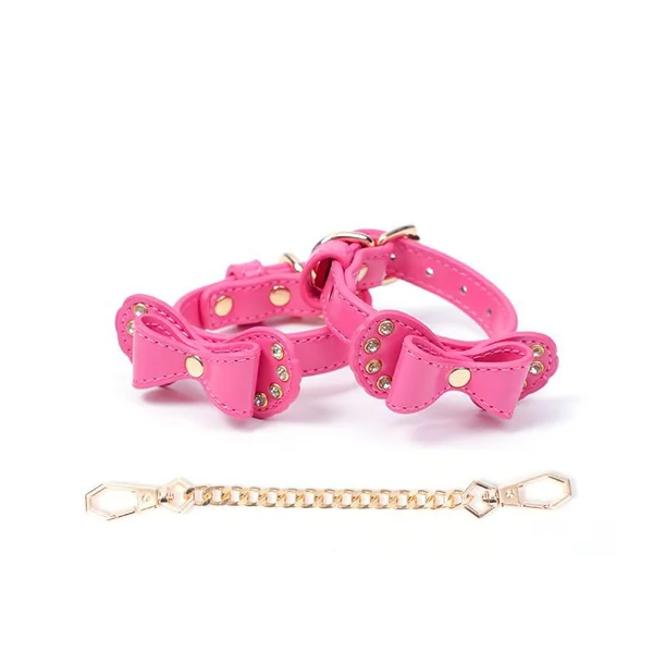 BDSM Rhinestone Bow - Shaped PU Leather SM Handcuffs With Chain