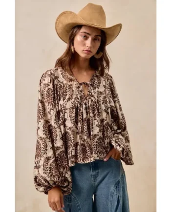 BiBi Printed Woven Front Tied Blouse with Baloon Sleeve