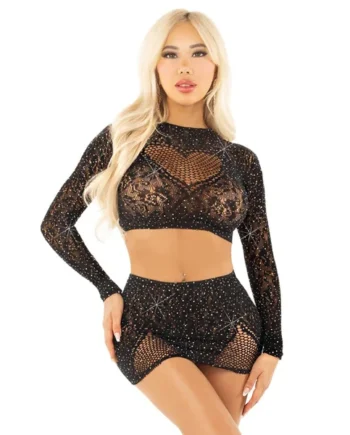 Black 2pc Rhinestone Lace and Net Crop Top With - Heart Keyhole Mini Skirt - Os