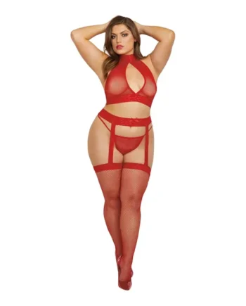 Bralette, Garterhose, and G-String - Queen Size - Rouge
