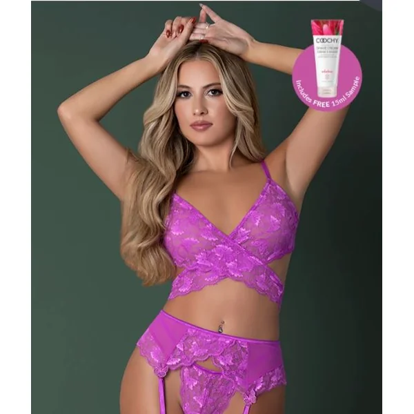 BUTTERFLY FANTASIES BRA GARTER THONG PURPLE GLOW S/M