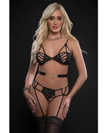 Caged Wired Bra, Garter Panty & Stockings O/s