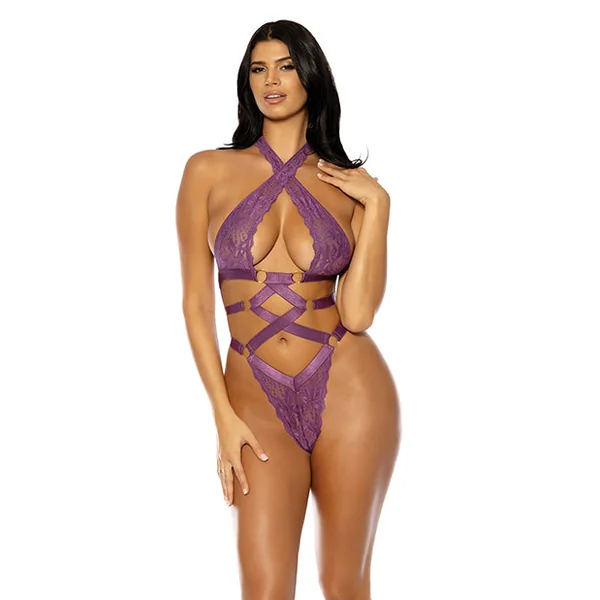 Camille Lace Halter Teddy with Lace Up Details - Purple
