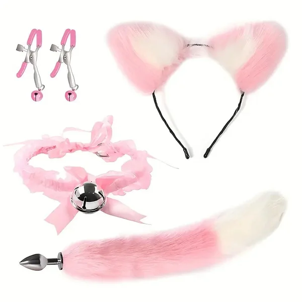Cat Tail Anal Plug With Nipple Clamps Neck Collar BDSM Anal Sex Toy