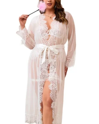 Cerise Long Sheer Scalloped Eyelash Lace & Mesh Robe - Curvy