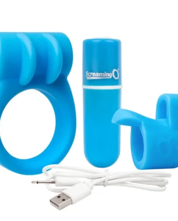Charged CombO Kit #1 Silicone Cock Ring & Fingertip Sleeve By Screaming O - Blue