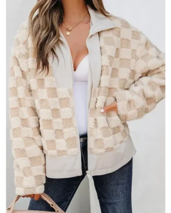 Checker Sherpa Corduroy Patchwork Zip Up Jacket
