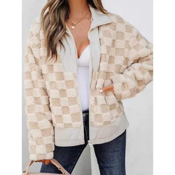 Checker Sherpa Corduroy Patchwork Zip Up Jacket