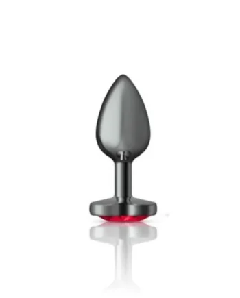 Cheeky Charms Gunmetal Butt Plug w Heart Red Jewel Small