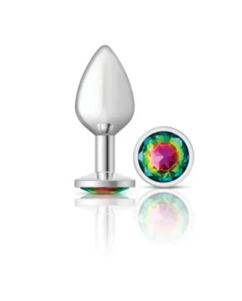 Cheeky Charms Silver Round Butt Plug w Rainbow Jewel Medium